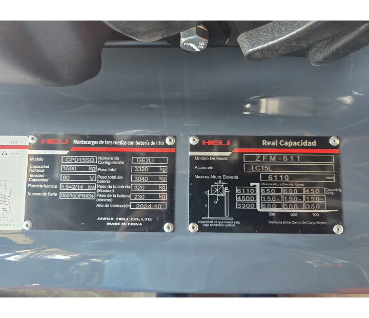 Montacargas Eléctrico Heli CPD15SQ triciclo